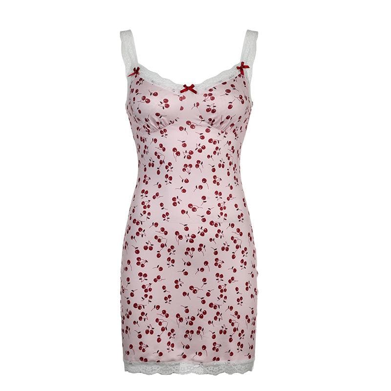 Cherry print contrast lace hem v neck sleeveless mini dress - View 2
