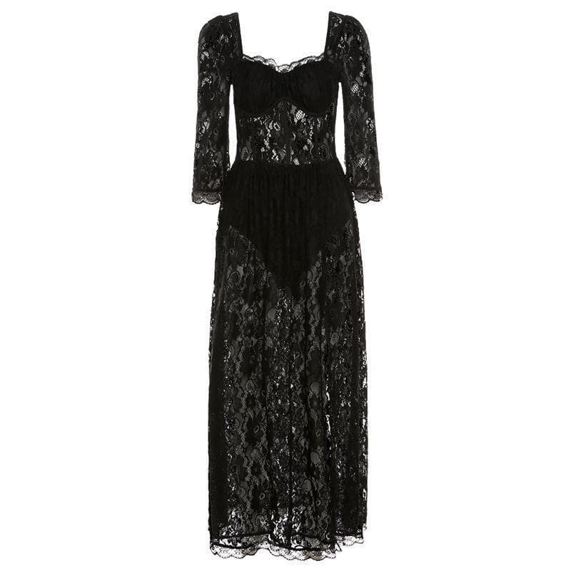 Square neck hem lace slit long sleeve midi dress - View 2