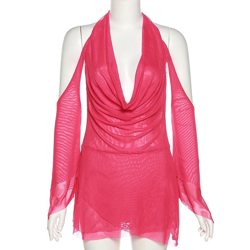 Mesh Cowl Neck Halter Long Sleeve Ruched Mini Dress