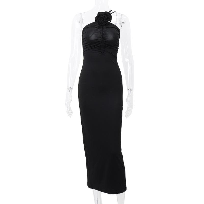 Flower applique one shoulder solid ruched maxi dress - View 8