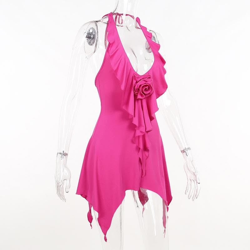 Halter Neck Flower Applique Ruffle Handkerchief Hem Mini Dress