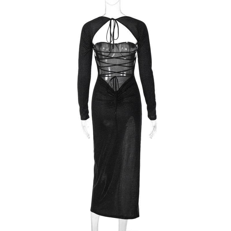 Textured long sleeve lace up self tie slit irregular ruched midi dress - View 3