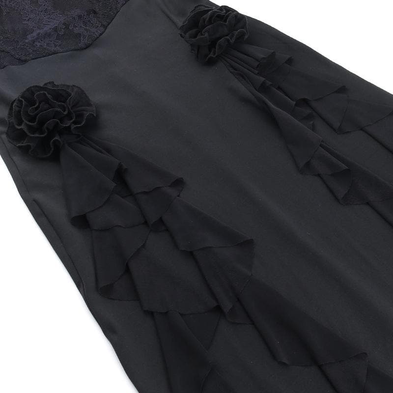 Lace Strapless Flower Applique Ruffle Backless Midi Dress