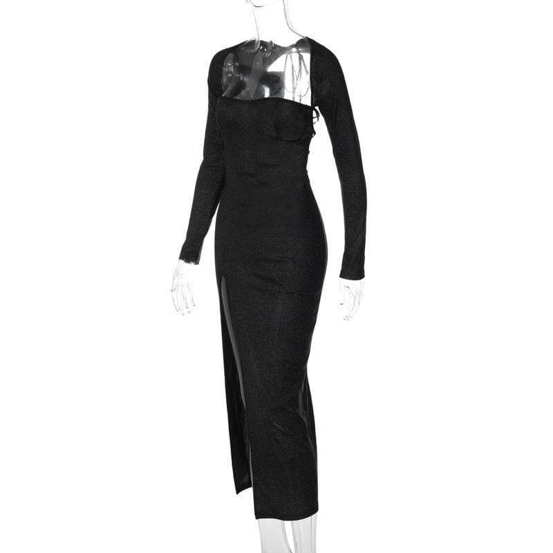 Textured long sleeve lace up self tie slit irregular ruched midi dress - View 8