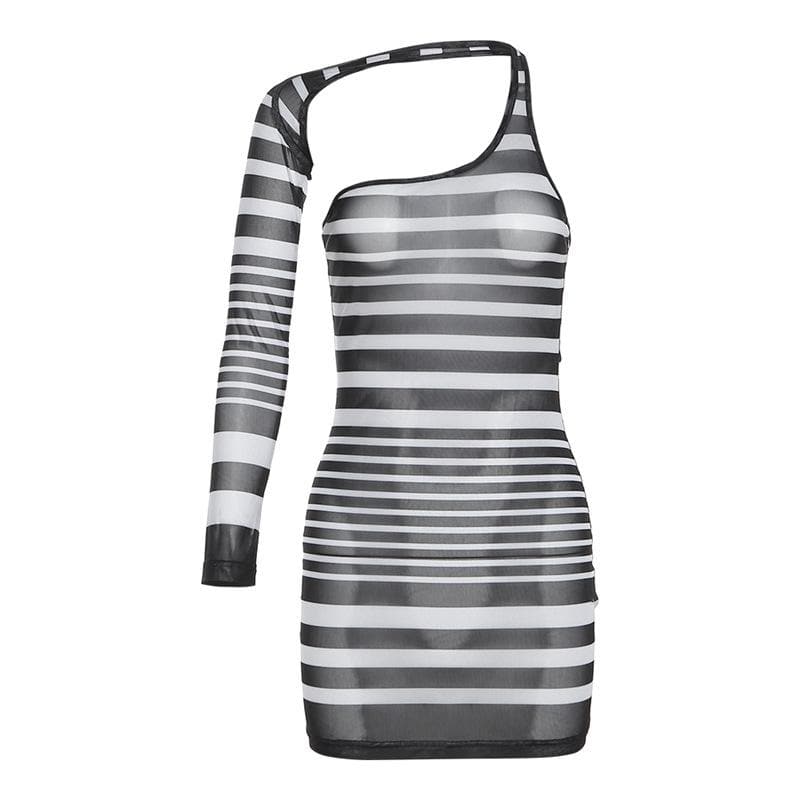 Irregular sheer mesh see through one shoulder striped mini dress 2