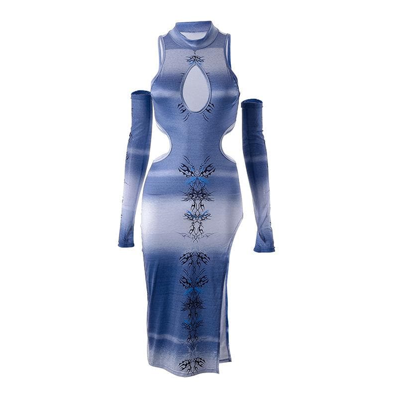 Contrast abstract print hollow out slit gloves midi dress