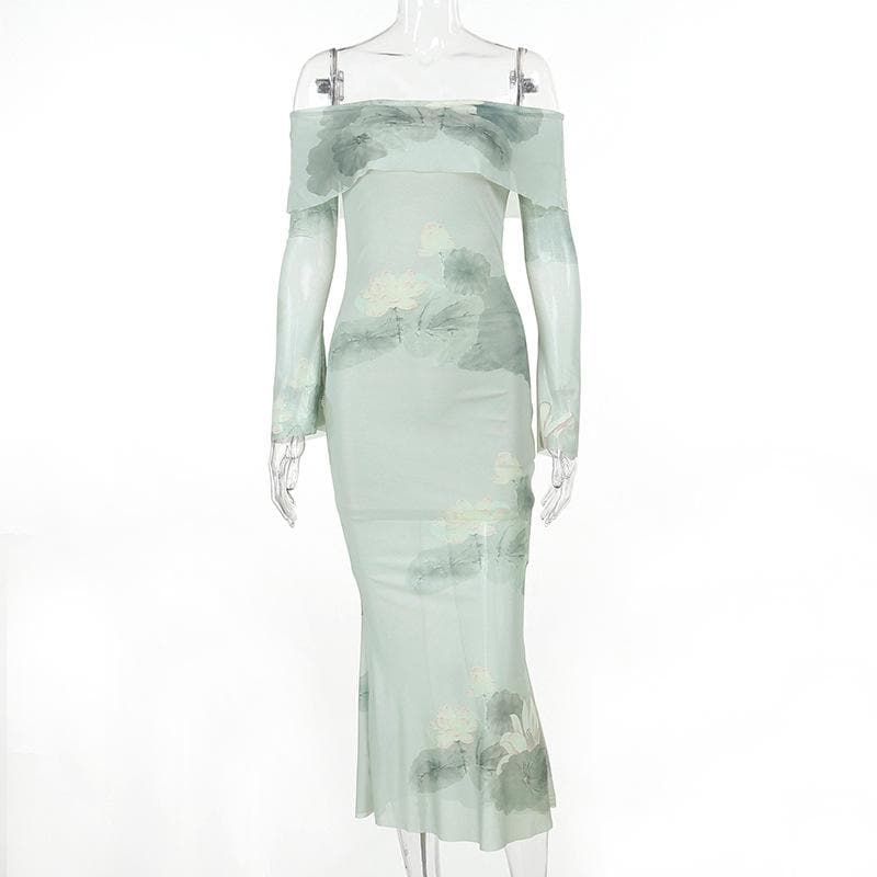 Floral Off Shoulder Long Sleeve Mermaid Maxi Dress