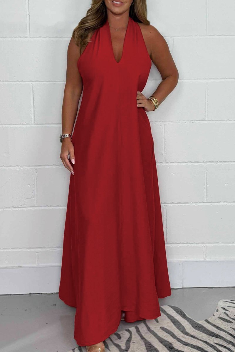 Halter Neck Deep V-Neck Flowy Maxi Dress