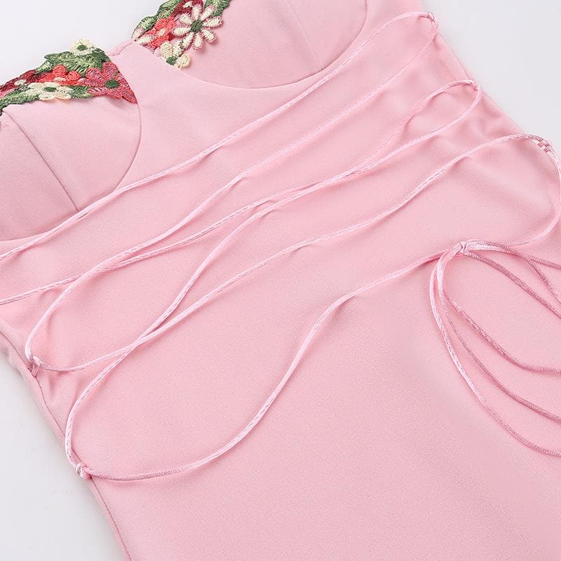 Floral Embroidery Sweetheart Lace Up Mermaid Maxi Dress