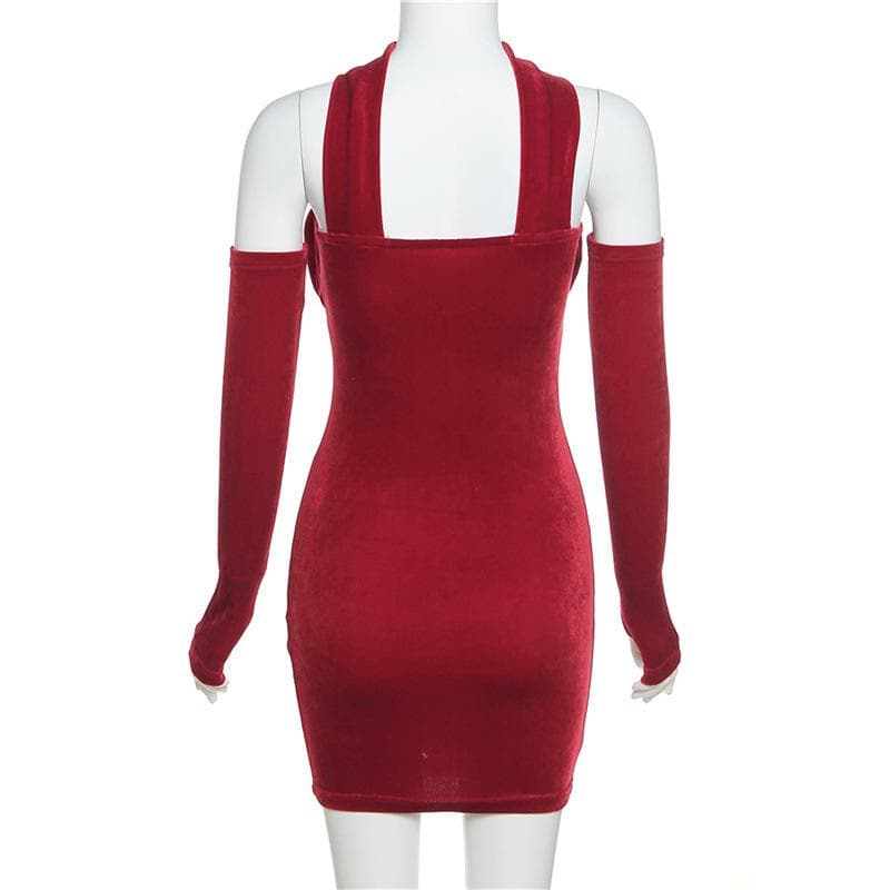 Velvet Halter Neck Glove Sleeve Ruched Bodycon Mini Dress