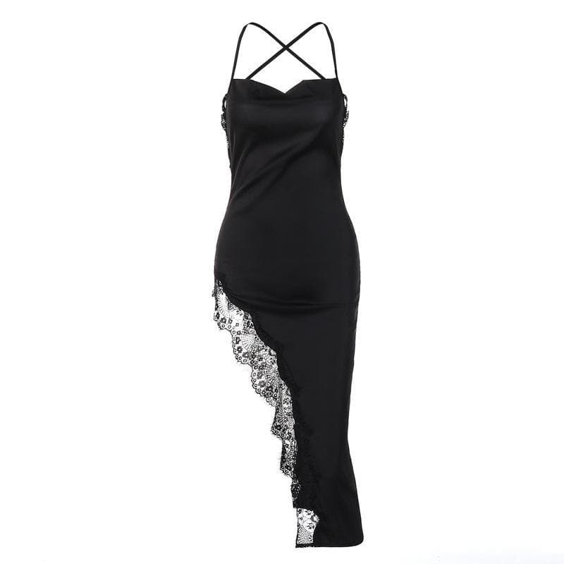 Spaghetti Strap Lace Trim Satin Slip High Split Midi Dress