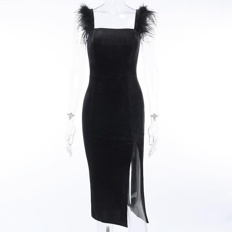 Velvet feather sleeveless slit solid zip-up midi dress - View 2
