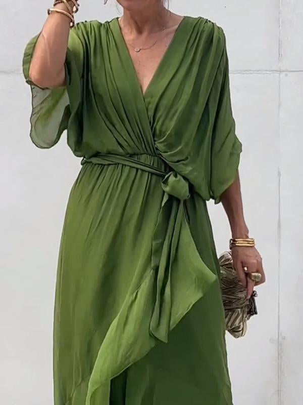 Chiffon Deep V-Neck Batwing Wrap Midi Dress 2
