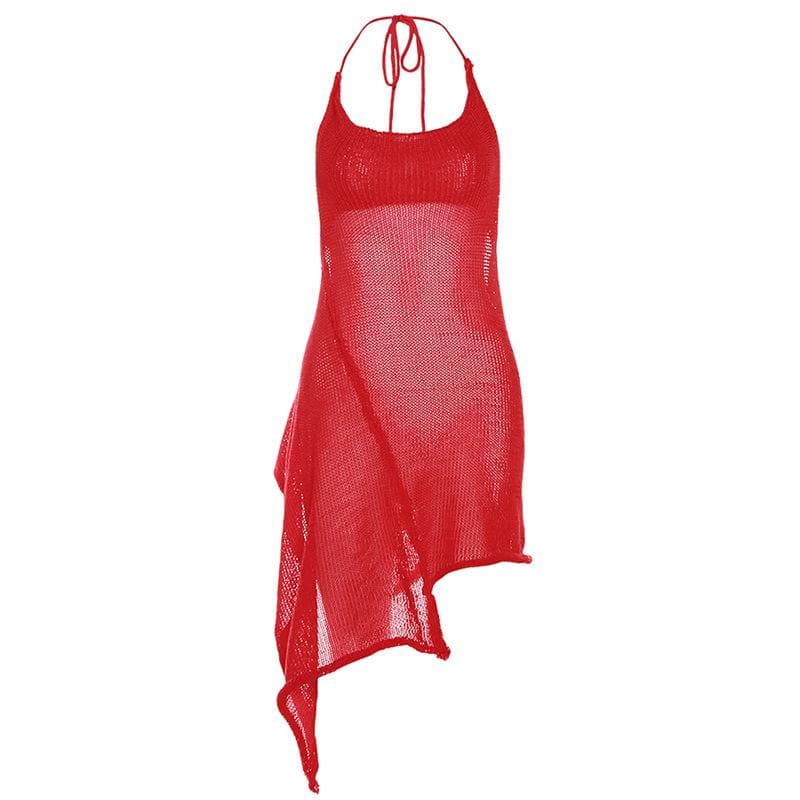 Knit Halter Neck Backless High Low Mini Dress
