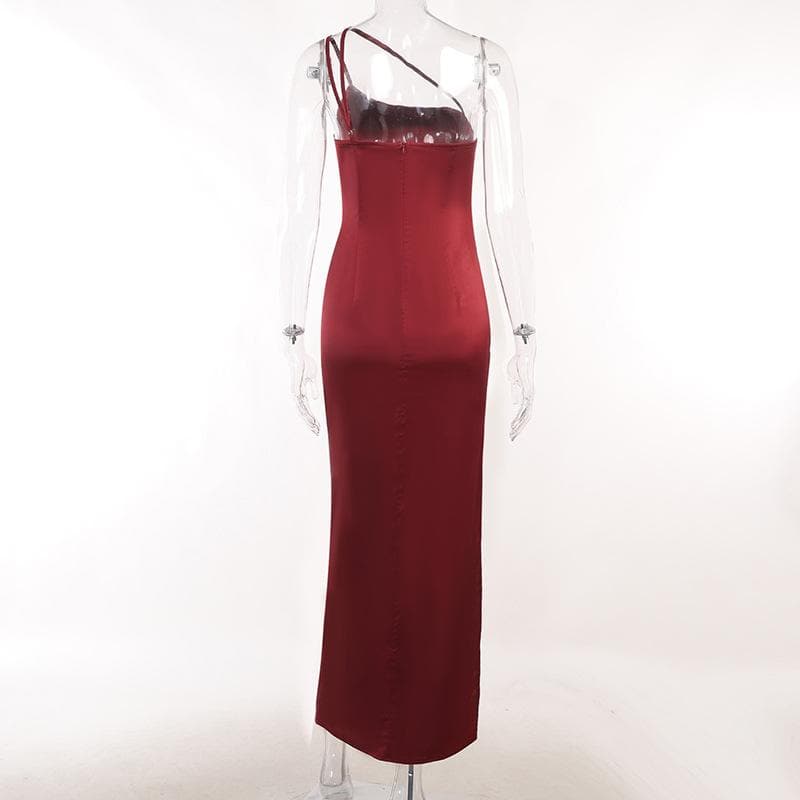 Solid satin ruched one shoulder slit midi dress - View 4