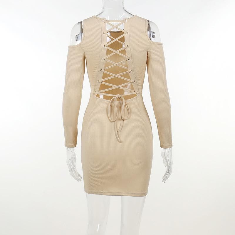 Long sleeve solid hollow out lace up self tie mini dress - View 6