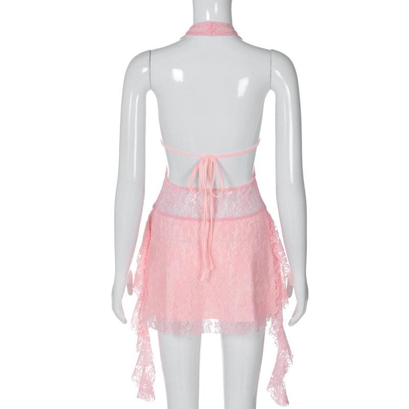 PRE ORDER - Halter v neck backless lace self tie hollow out mini dress