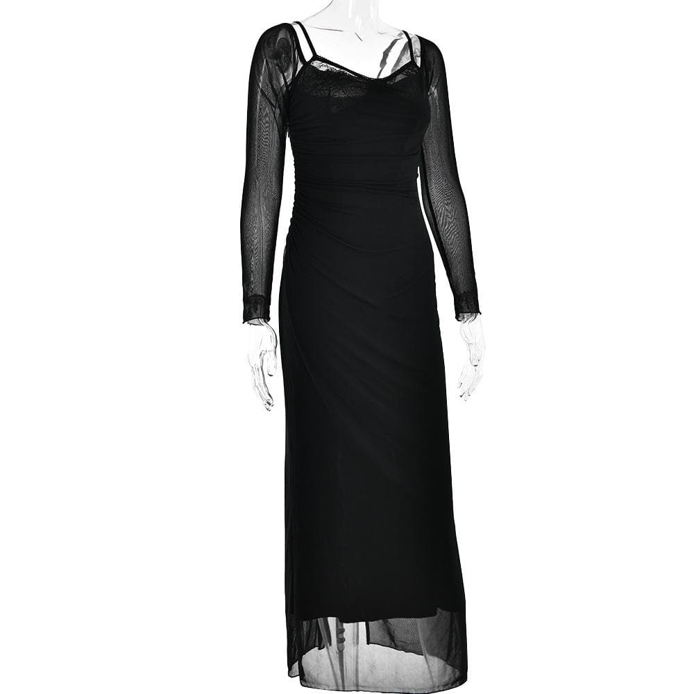 Patchwork lace mesh long sleeve zip-up slit solid maxi dress - View 3