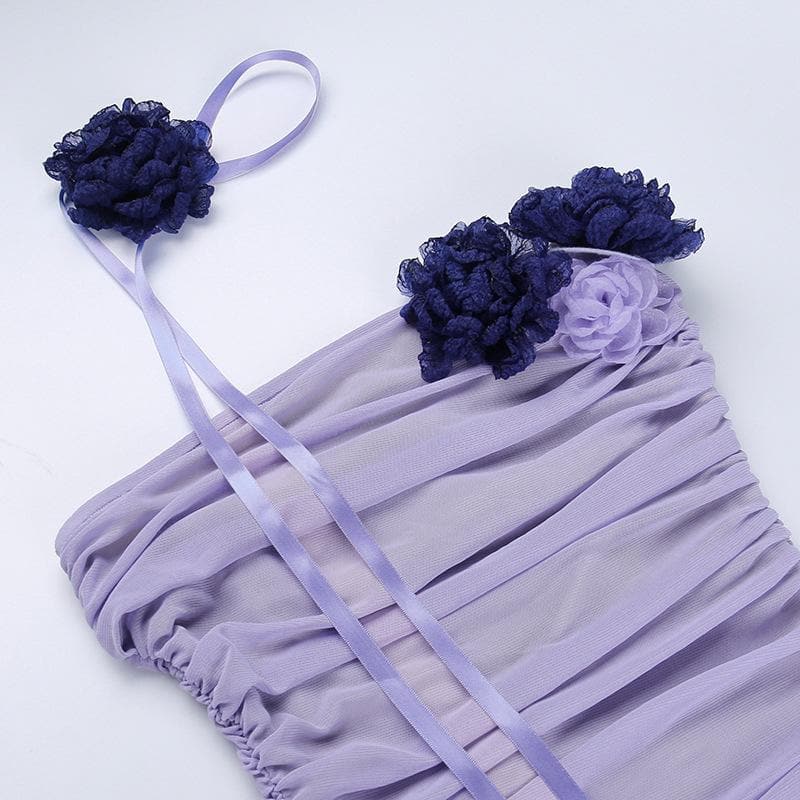 Strapless Rosette Ruched Mesh Backless Bodycon Mini Dress