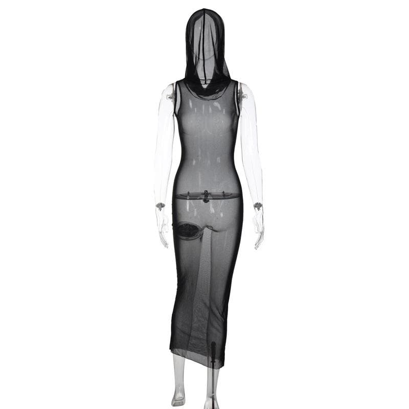 Sheer Mesh Sleeveless Hooded Bodycon Maxi Dress 4