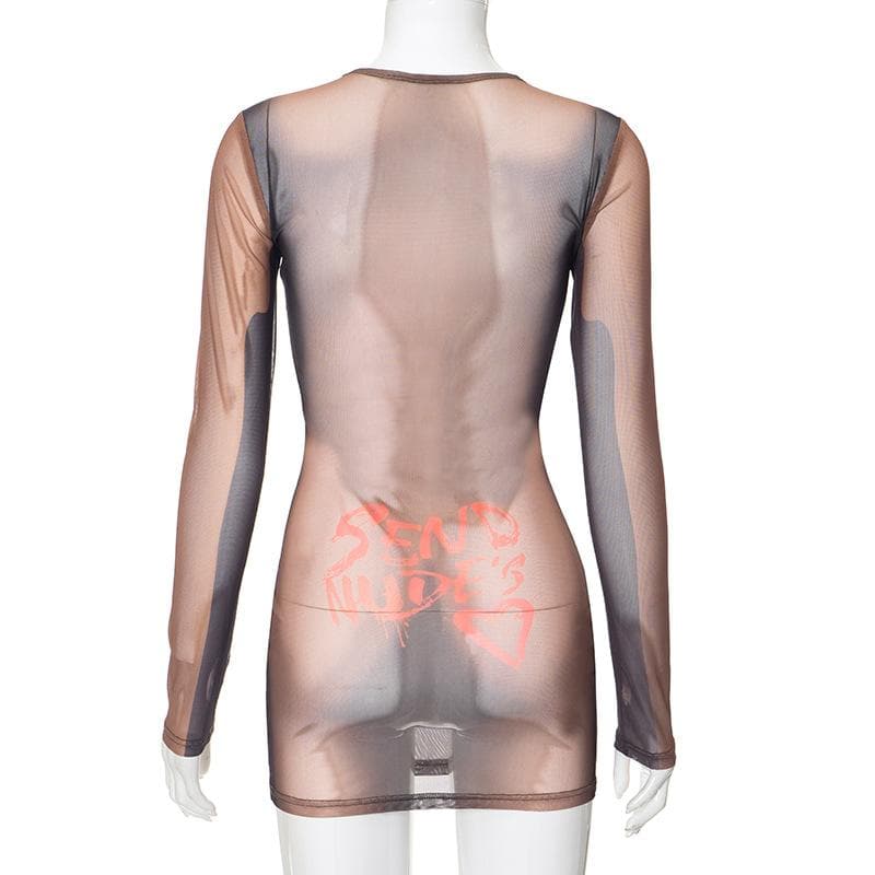 Long sleeve body print sheer mesh crewneck mini dress 3