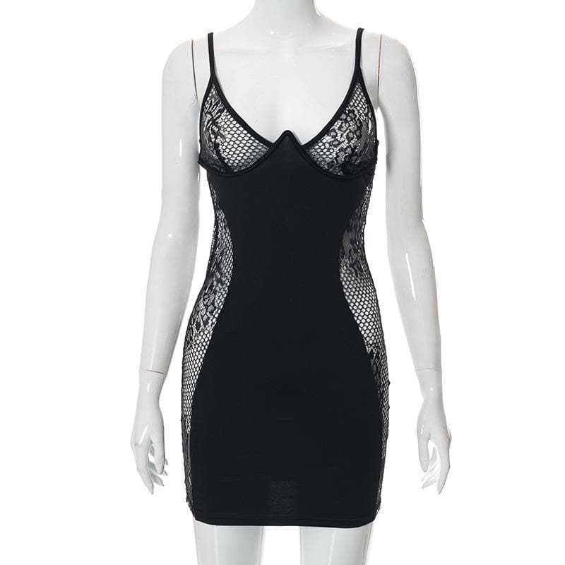 Lace see through patchwork mini dress - View 7
