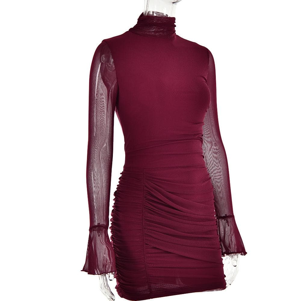 Mesh solid long sleeve turtle neck ruched zip-up mini dress 5