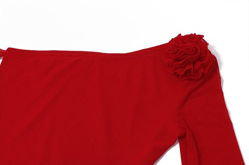 One Shoulder Flared Sleeve Mesh Flower Applique Ruffle Mini Dress
