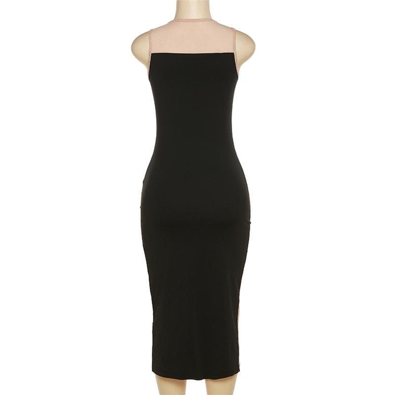 Sleeveless mesh contrast round neck midi dress - View 4