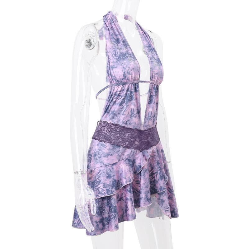 Tie Dye Halter Neck Lace Trim Ruffle Mini Dress