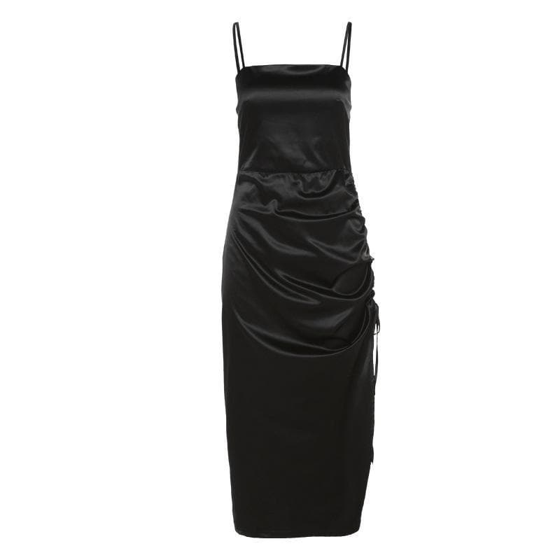 Square neck drawstring ruched slit satin midi dress - View 2