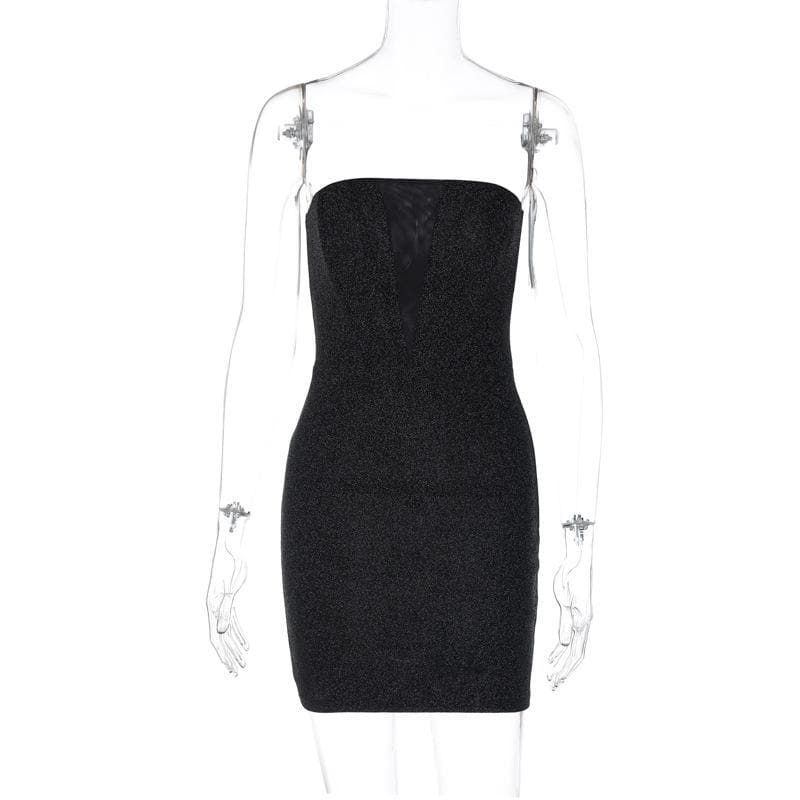 Glitter Strapless Deep V-Neck Bodycon Mini Dress