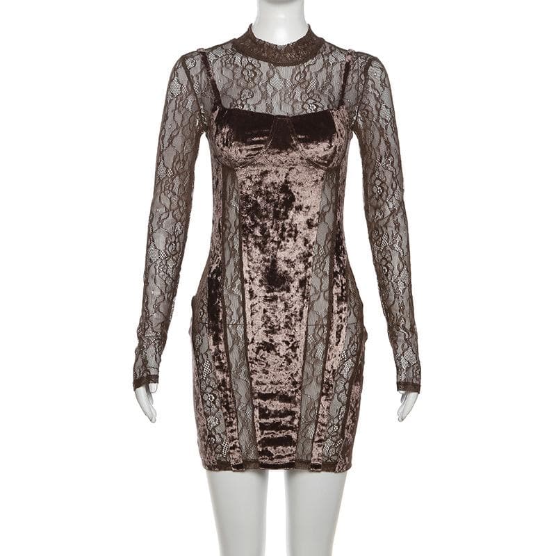 Velvet patchwork high neck long sleeve lace mini dress - View 8