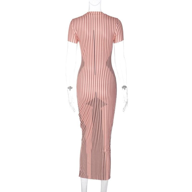 Crewneck body pattern short sleeve striped contrast midi dress