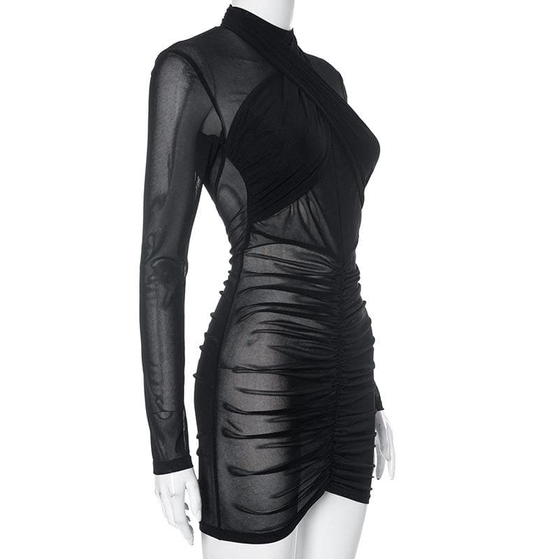 Ruched long sleeve cross front sheer mesh see through mini dress 3
