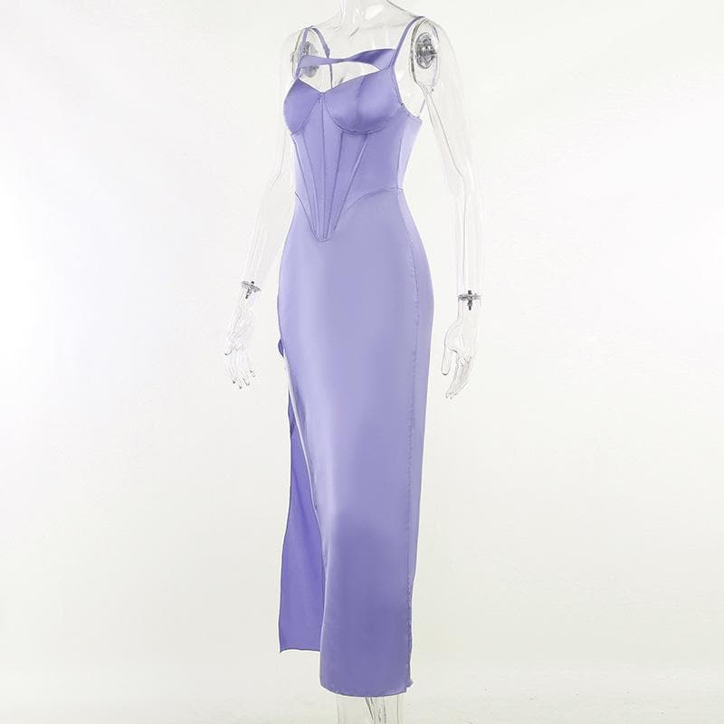 Satin Spaghetti Strap Corset Cut Out High Split Maxi Dress