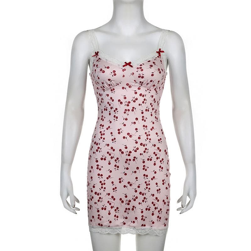 Cherry print contrast lace hem v neck sleeveless mini dress - View 8