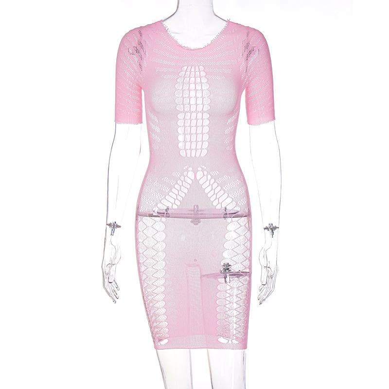 Fishnet Cut Out Crew Neck Short Sleeve Sheer Bodycon Mini Dress