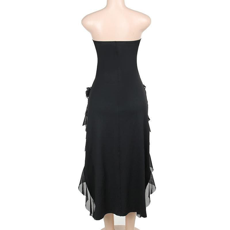 Lace Strapless Flower Applique Ruffle Backless Midi Dress