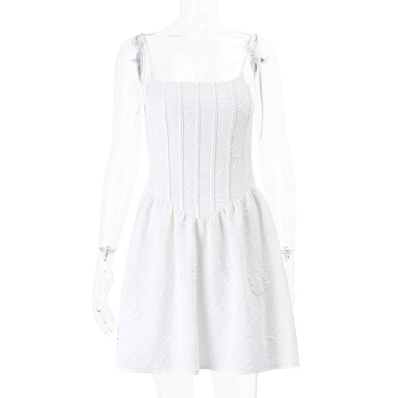Textured Tie Strap Square Neck Corset Fit and Flare Mini Dress