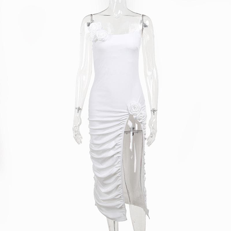 Square Neck Spaghetti Strap Flower Applique Ruched High Split Maxi Dress