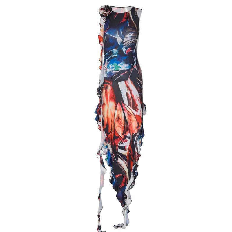 Abstract Print 3D Flower Applique Side Ruffle Sleeveless Maxi Dress