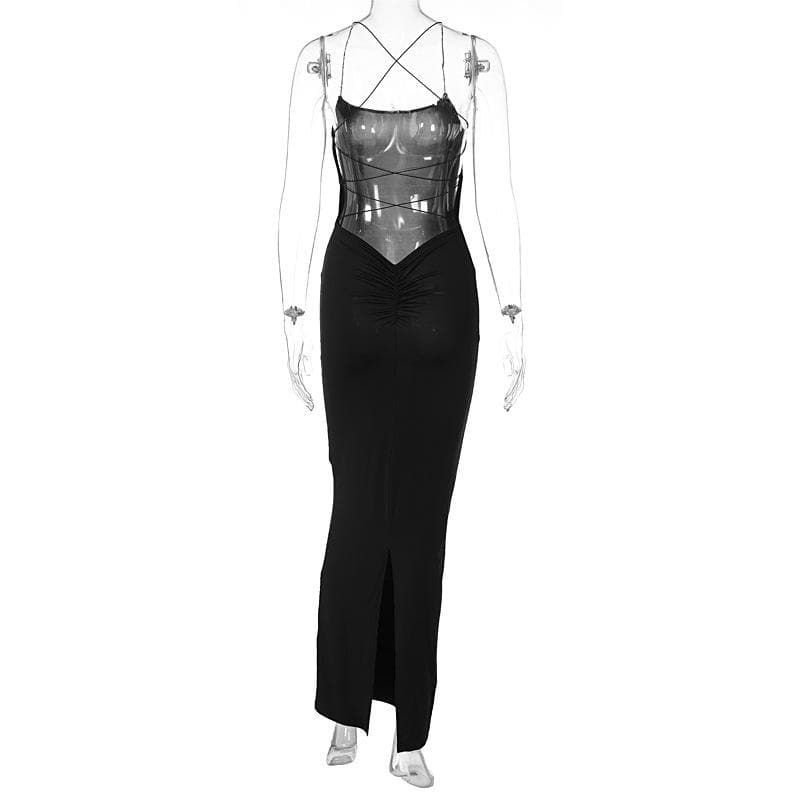 Cross back lace up square neck backless self tie slit maxi dress 5
