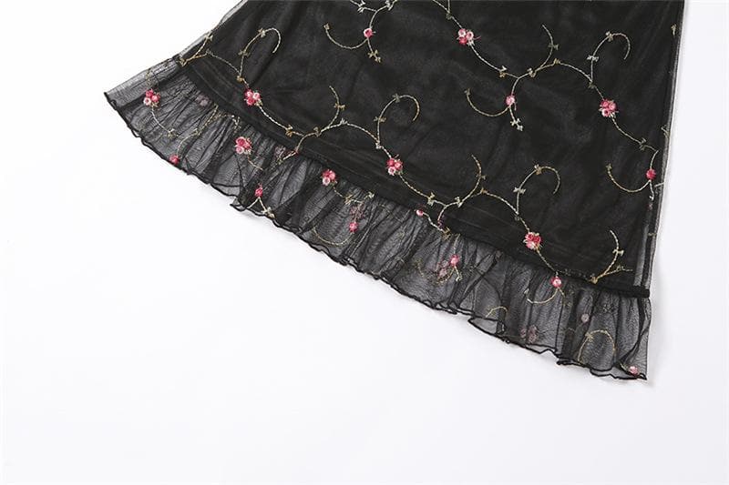 Satin Floral Embroidery Sweetheart Spaghetti Strap Ruffle Hem Mini Dress