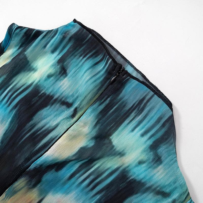 Chiffon tie dye high neck ruched contrast sleeveless zip-up mini dress - View 8