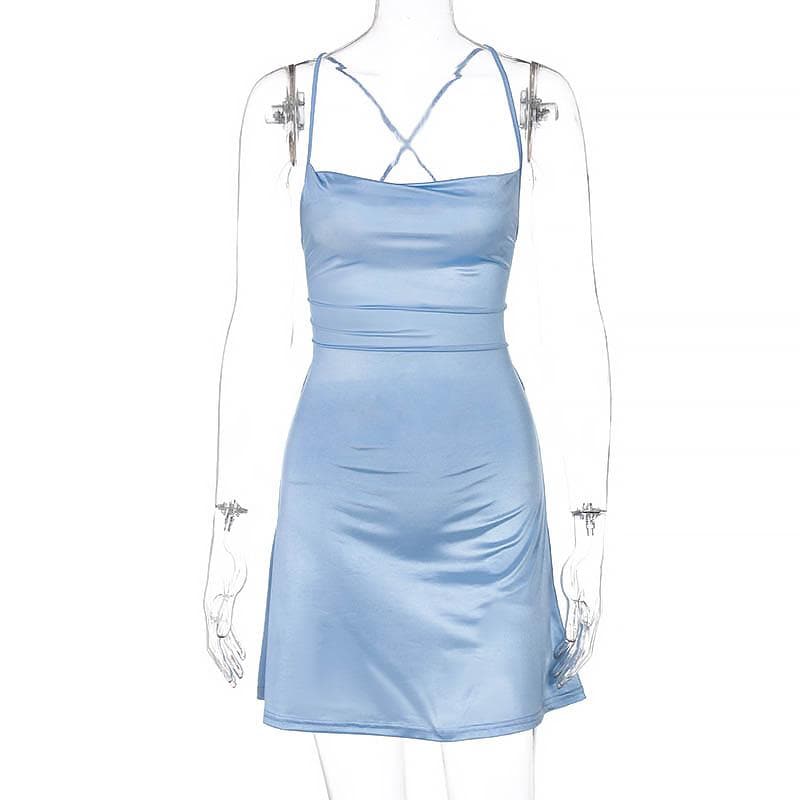Cross back solid satin cowl neck lace up self tie backless mini dress 2