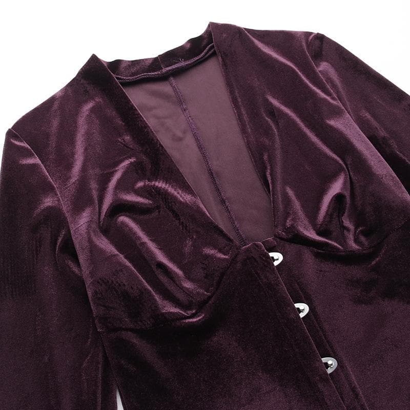 Velvet button ruffle long sleeve v neck solid midi dress - View 5