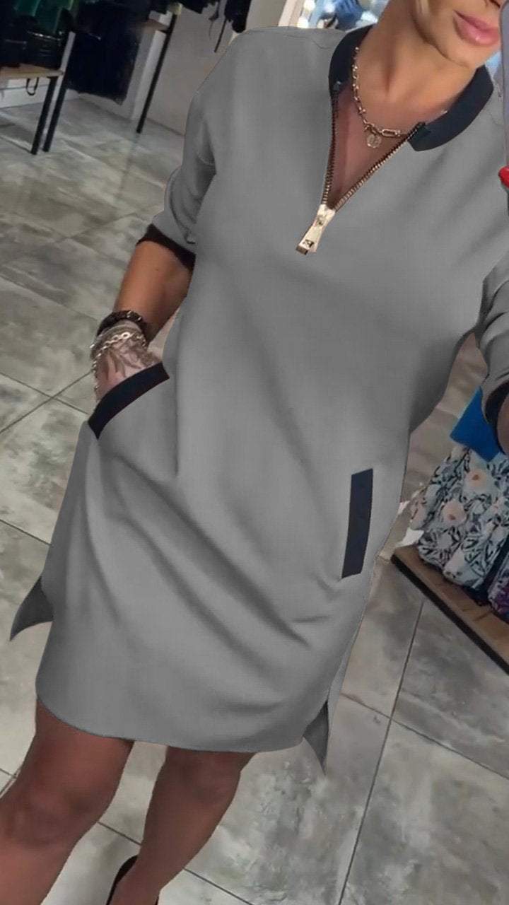 V-Neck Zip Contrast Trim Pocket Shift Mini Dress 6
