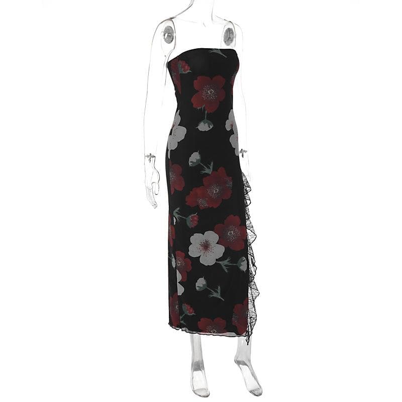 Floral Print Strapless High Split Ruffle Lace Trim Maxi Dress