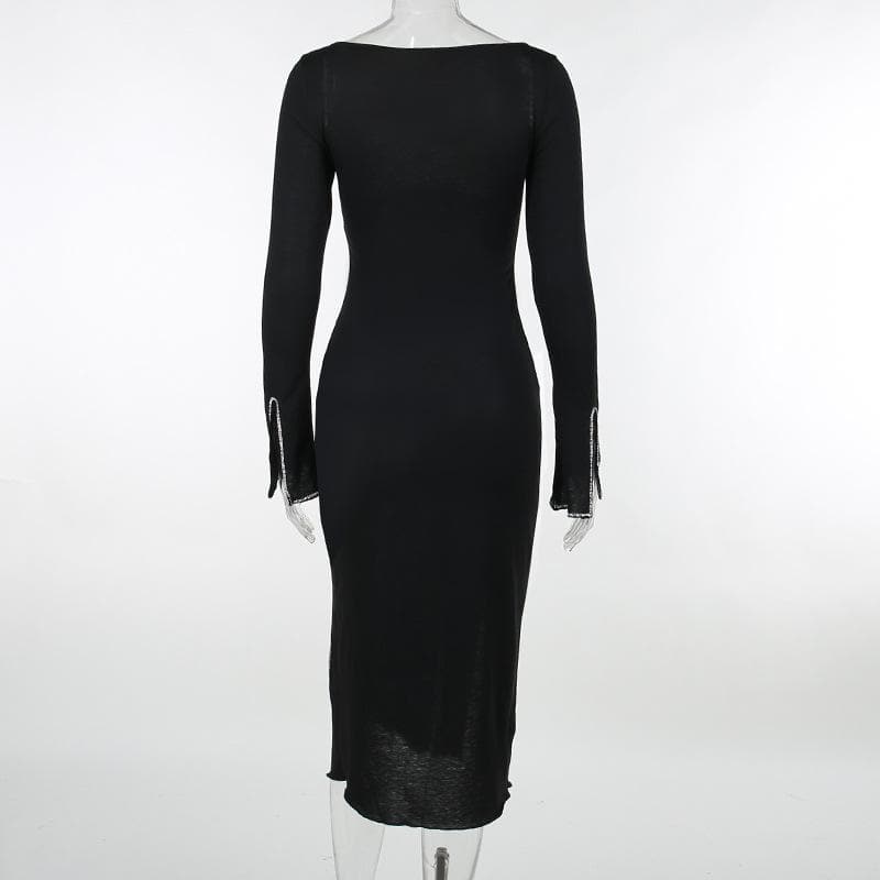 Beaded square neck slit long sleeve midi dress 4